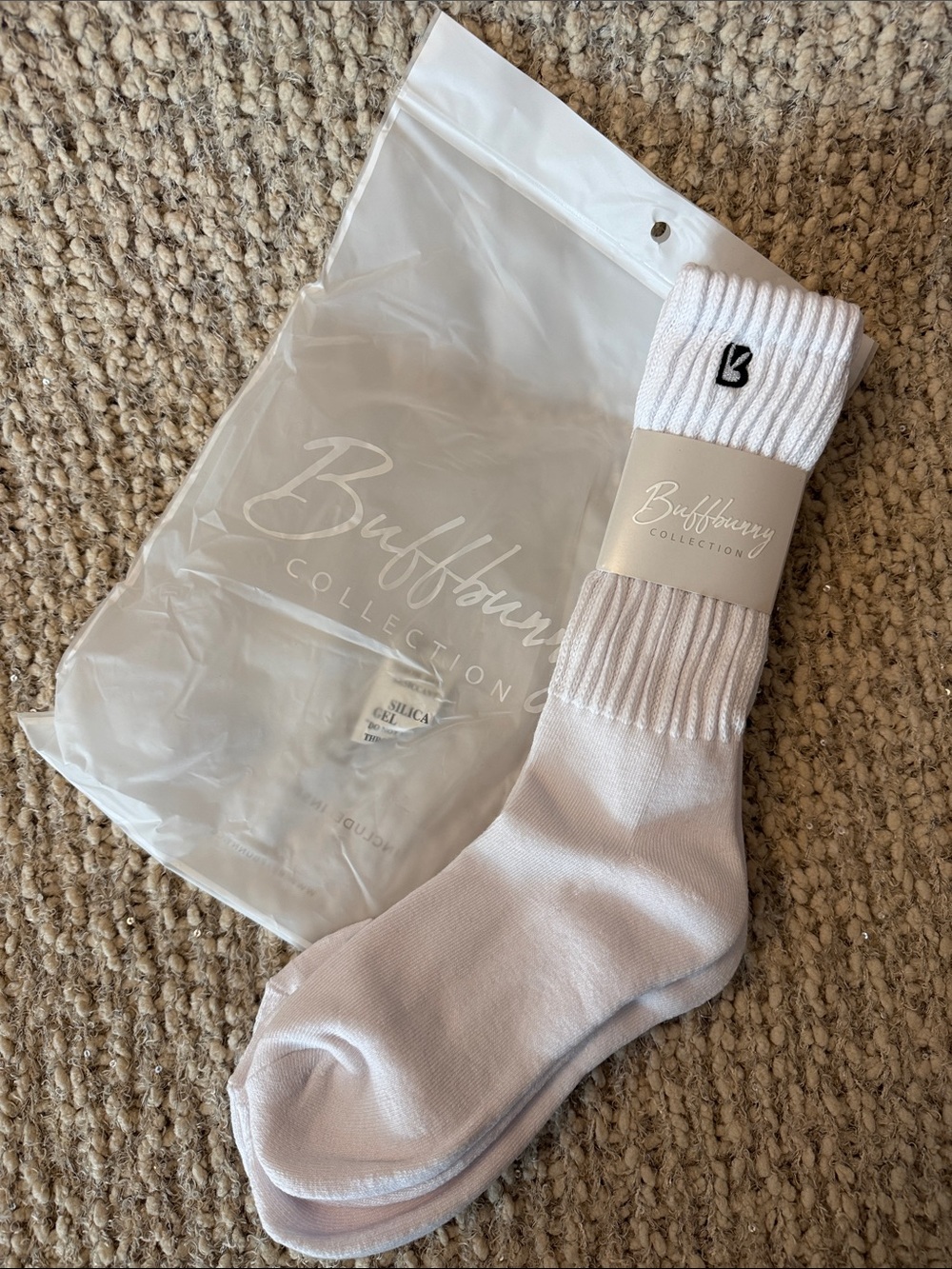BuffBunny 3 Pack White with Black Logo Ribbed Scrunch Crew Socks